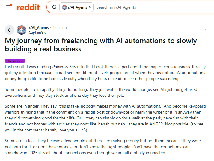 Reddit, 2025 год. Пост “Мой путь от фриланса до создания реального бизнеса с использованием искусственного интеллекта”, CaptainGK_