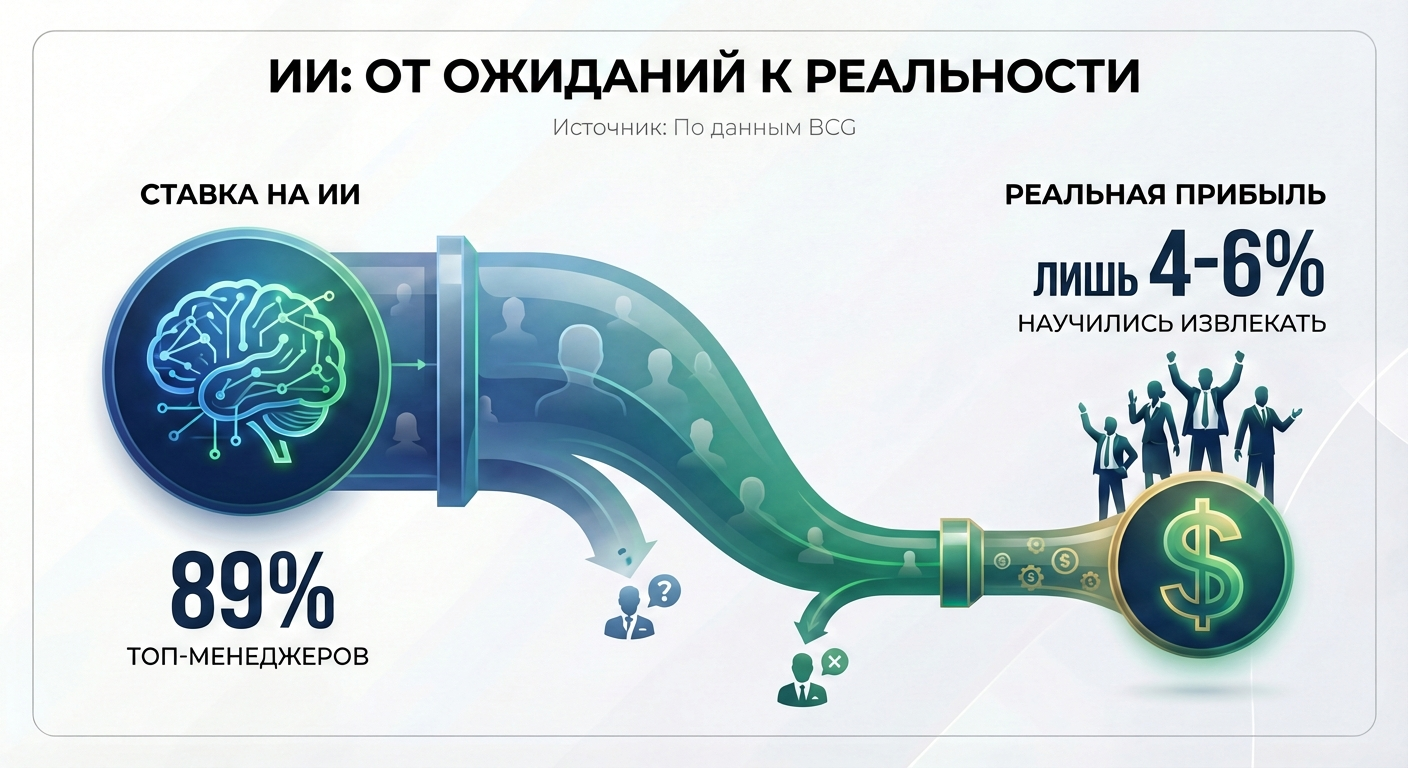 По данным BCG, почти все топ-менеджеры (89%) ставят на ИИ, но лишь 4-6% научились извлекать из него реальную прибыль. То есть мы видим гигантский разрыв между планами и реальностью