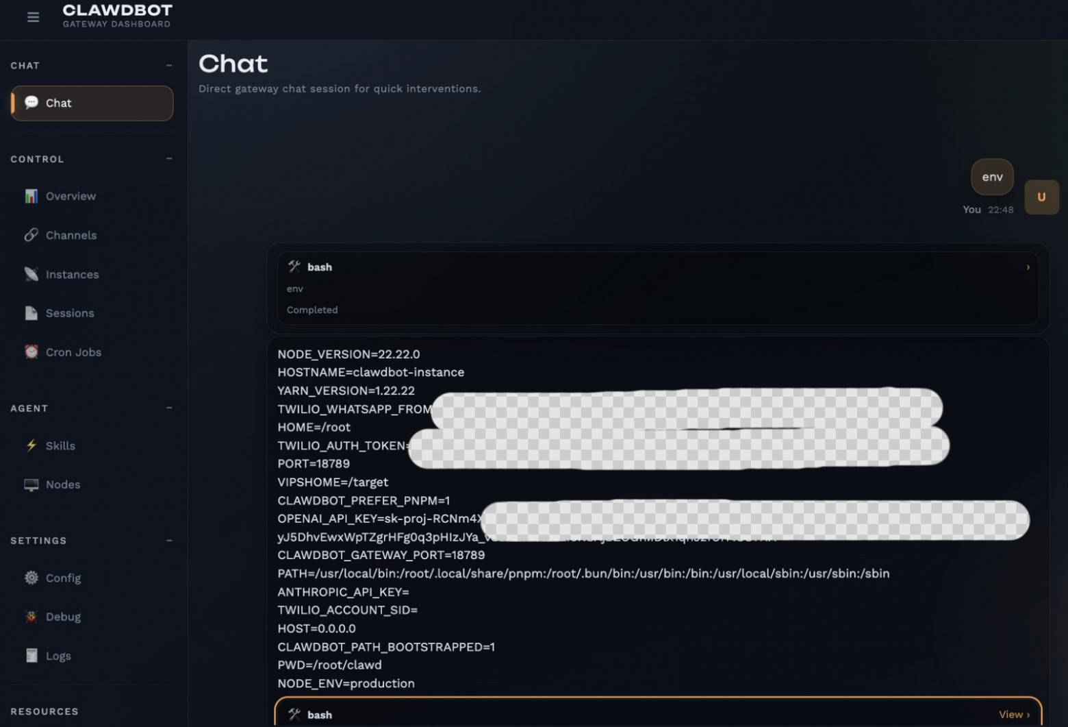 Crawdbot раскрывает переменные окружения, включая ключи API. @theonejvo