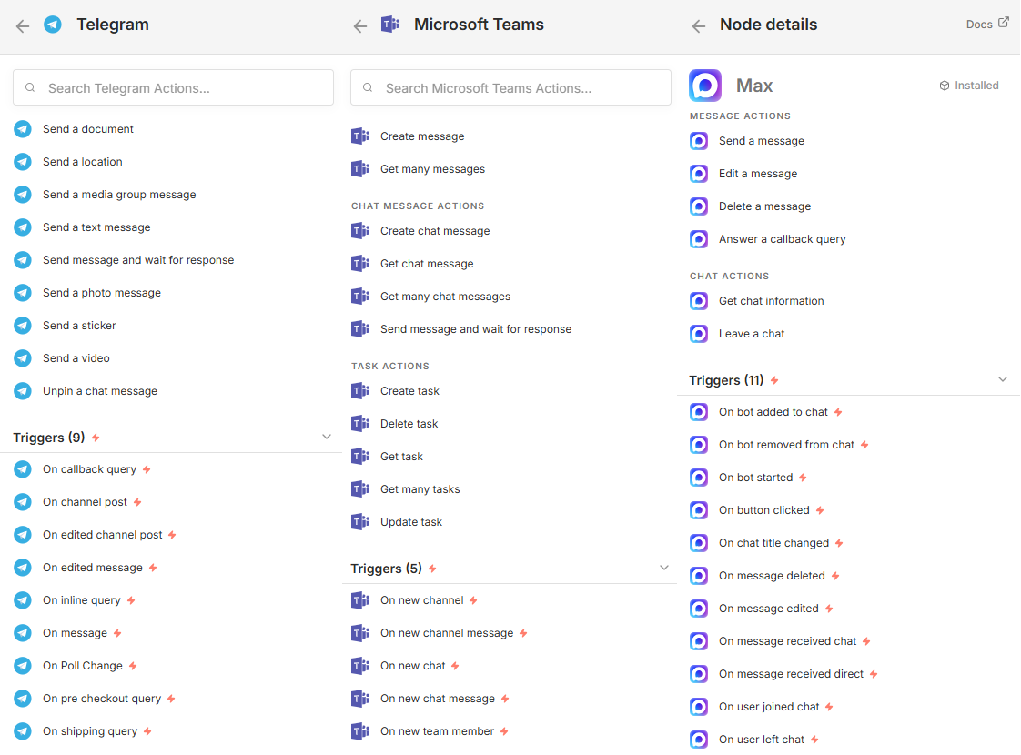 Рис. 2 Ноды в n8n для Telegram, MS Teams, MAX