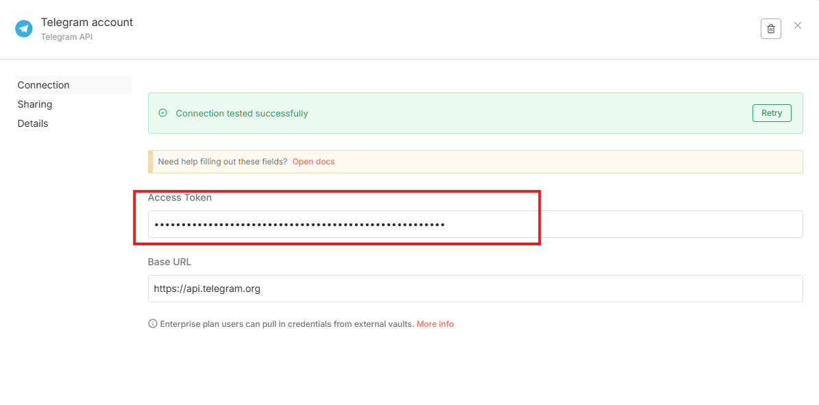 Рис. 4 Telegram токен в n8n