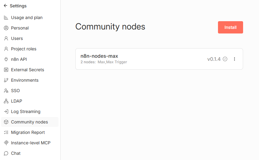 Рис. 1 Установка Community Node n8n-nodes-max для MAX