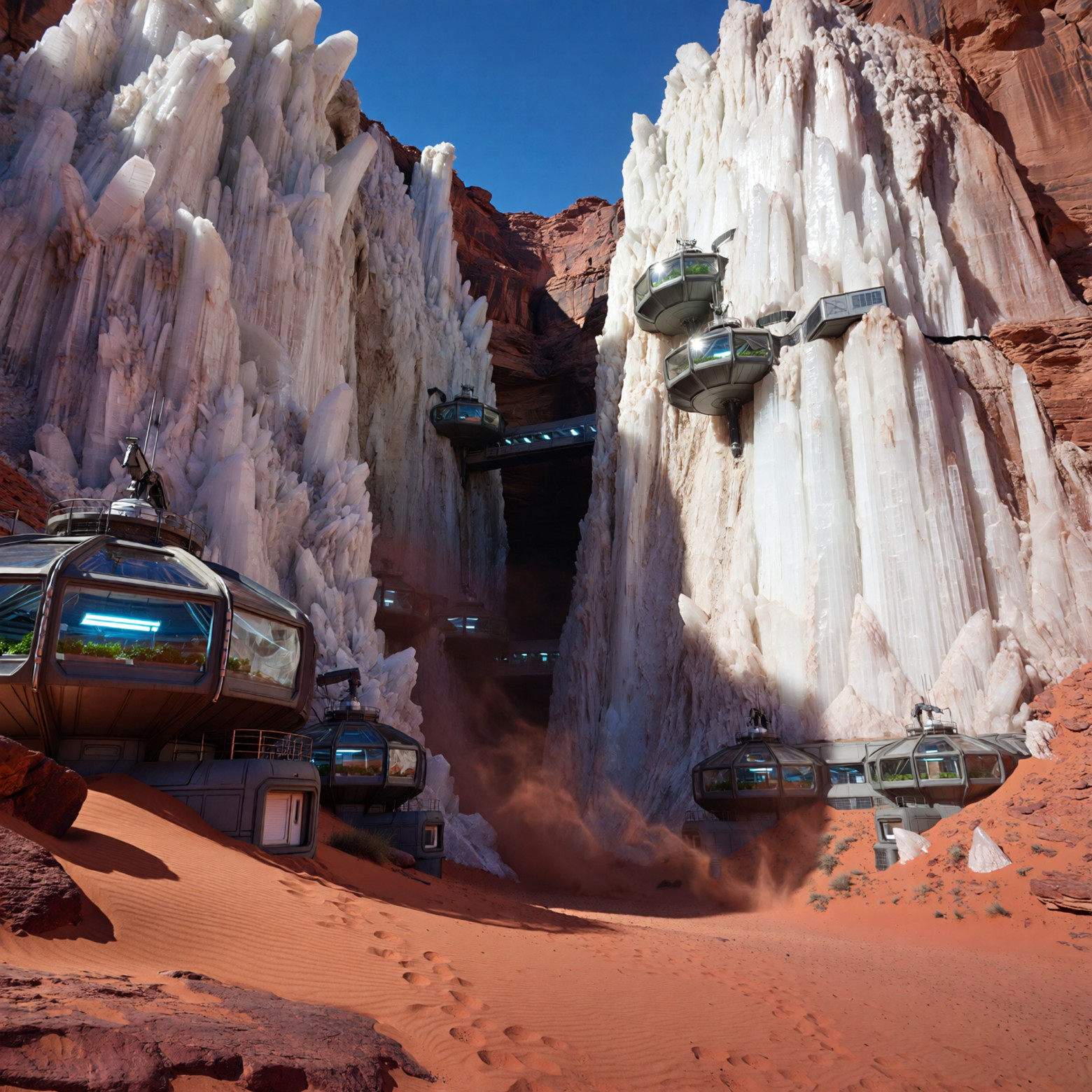 «A futuristic research colony built into the side of a massive white-quartz canyon on a desert planet with red sands»