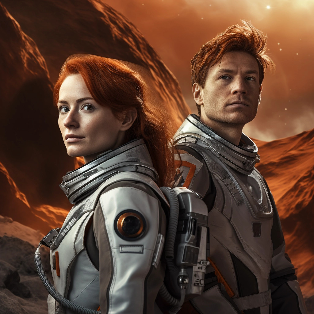 «Adult experienced kind white man captain of star ship with brown hair and woman assistant with red hair in gray military spacesuits with open faces with alien planet landscape behind» «Adult experienced kind white man captain of star ship with brown hair and woman assistant with red hair in gray military spacesuits with open faces with alien planet landscape behind»