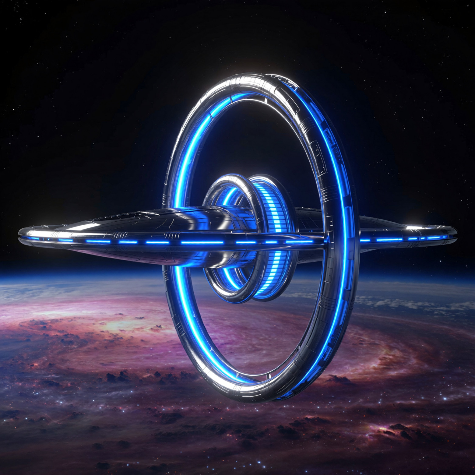 «A minimalist starship consisting of a series of floating, chrome-finished rings connected by beams of pure blue light. Positive Sci-fi style»
