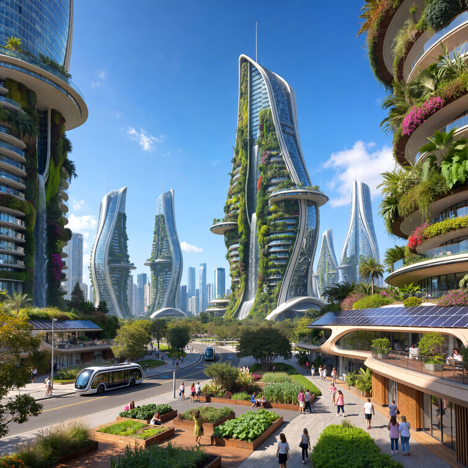 «A sprawling solarpunk metropolis where skyscrapers are covered in lush vertical gardens and cascading waterfalls. Solar-glass balconies, people walking on roads, clear blue sky, vibrant greenery, highly detailed digital art, optimistic atmosphere»