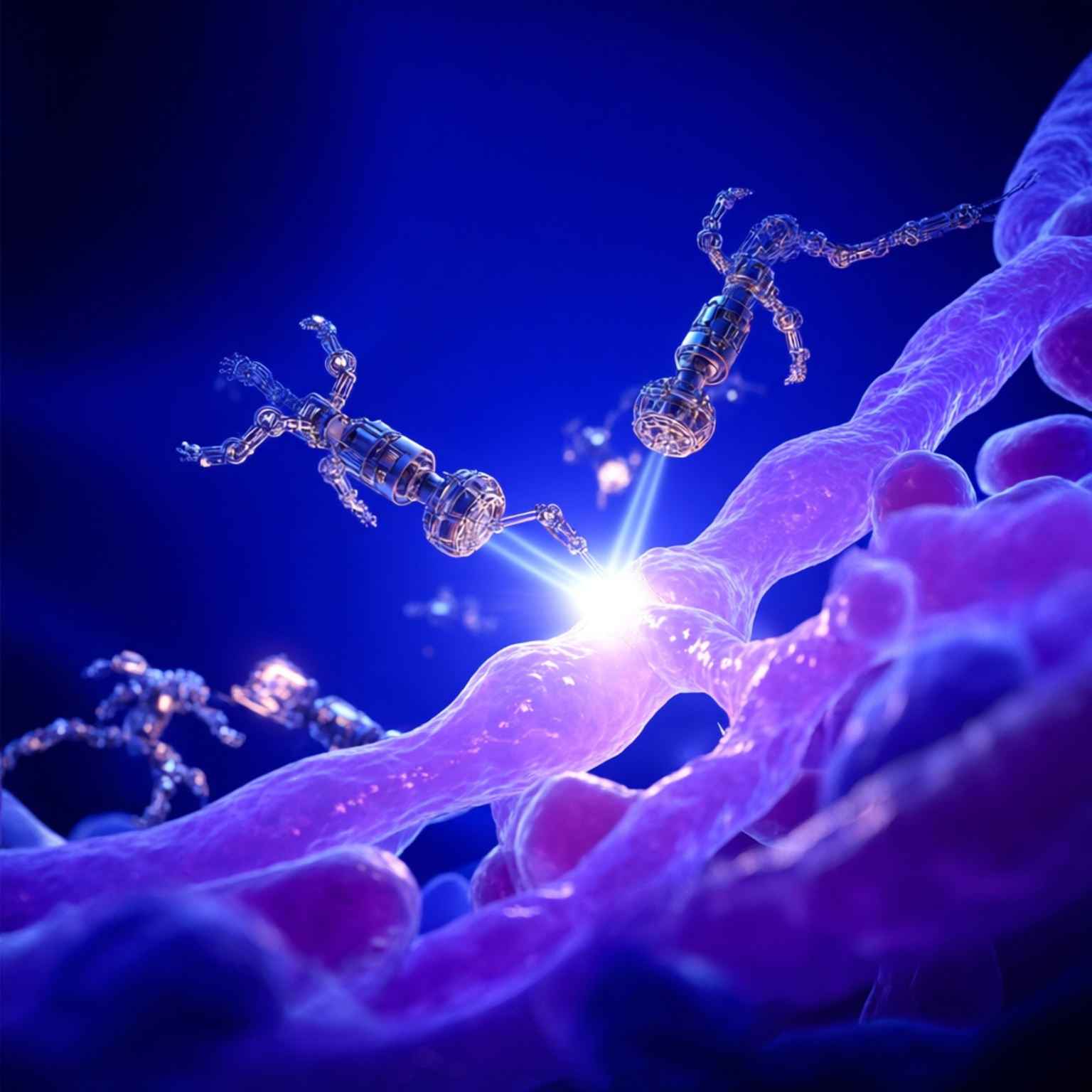 «Microscopic view of glowing nanobots gently repairing cells, abstract scientific illustration»