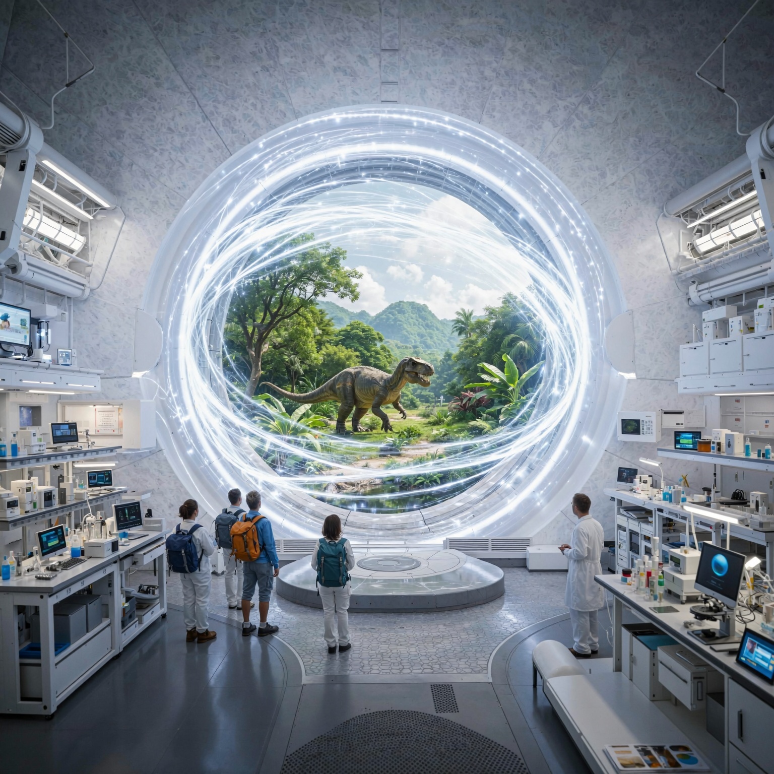 «Time machine in form of shining portal. Outside of it there is laboratory with different scientific equipment. In front of portal there are humans looking inside portal and dressed into travel clothes with backpacks. Laboratory is high-tech modern looking and designed with white colors. Inside - prehistoric world with herbivorous dinosaurs. Positive Sci-Fi style»