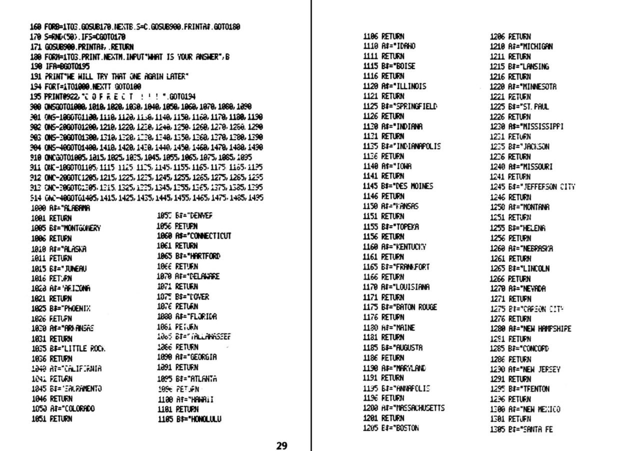 Фрагмент кода игры-викторины по столицам штатов, из первого номера Softside (октябрь 1978 г.). Типичная напечатанная в журнале программа представляла собой именно такую простую игру или графическую демку