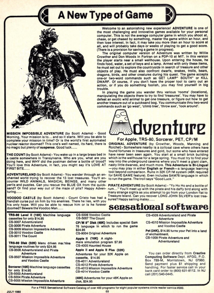 Иллюстрация №21: Creative Computing активно рекламировала бренд Sensational Software на страницах журнала, как в этом примере из июля 1980 года, где описываются некоторые из их самых популярных хитов и предлагается бесплатный каталог с полным списком 400 наименований