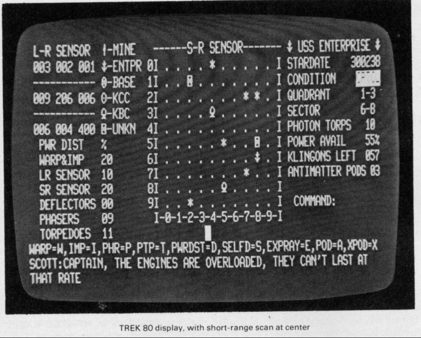  Trek-80 Стива Домпиера был похож по концепции на более ранние игры Trek, только  чередующиеся команды и ответы заменили на постоянно отображаемый  текстовый интерфейс. (Creative Computing (июль/август 1977), 44)