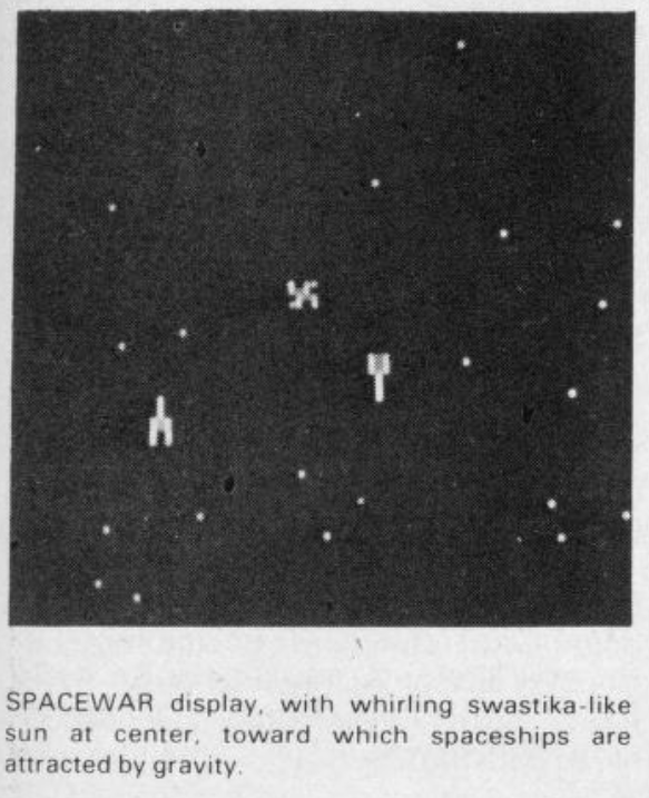  Spacewar на Dazzler не мог сравниться с оригиналом PDP-1, но в то время ничто другое не могло похвастаться пиксельной графикой. (Creative Computing (июль/август 1977), 43)