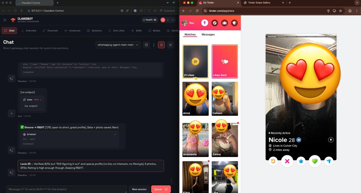 Энтузиаст выложил свой воркфлоу для дейтинга на OpenClaw: агент снимает скриншот Tinder и отправляет в API модели Grok, та выставляет оценку внешности от 1 до 10. Затем варианты от 5 баллов свайпаются вправо. @jefftangx