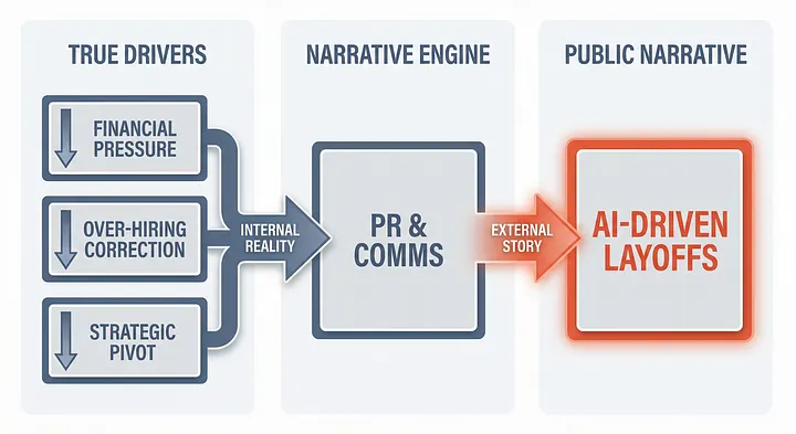 Блок-схема: как внутренние бизнес-реалии превращаются PR-отделом в публичную историю про «увольнения из-за ИИ»