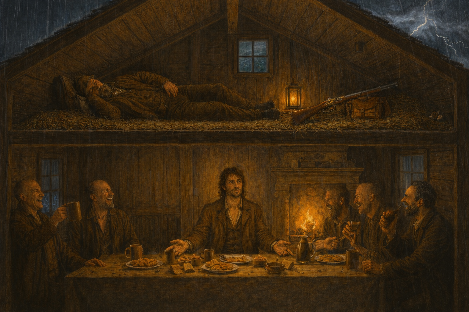 Ружьё лежит на сумке, ок, но тут мне подумалось изменить причёску Г.Г., плюс он точно в центре картины, а это плохо — его лицо попадёт точно на сгиб картинки