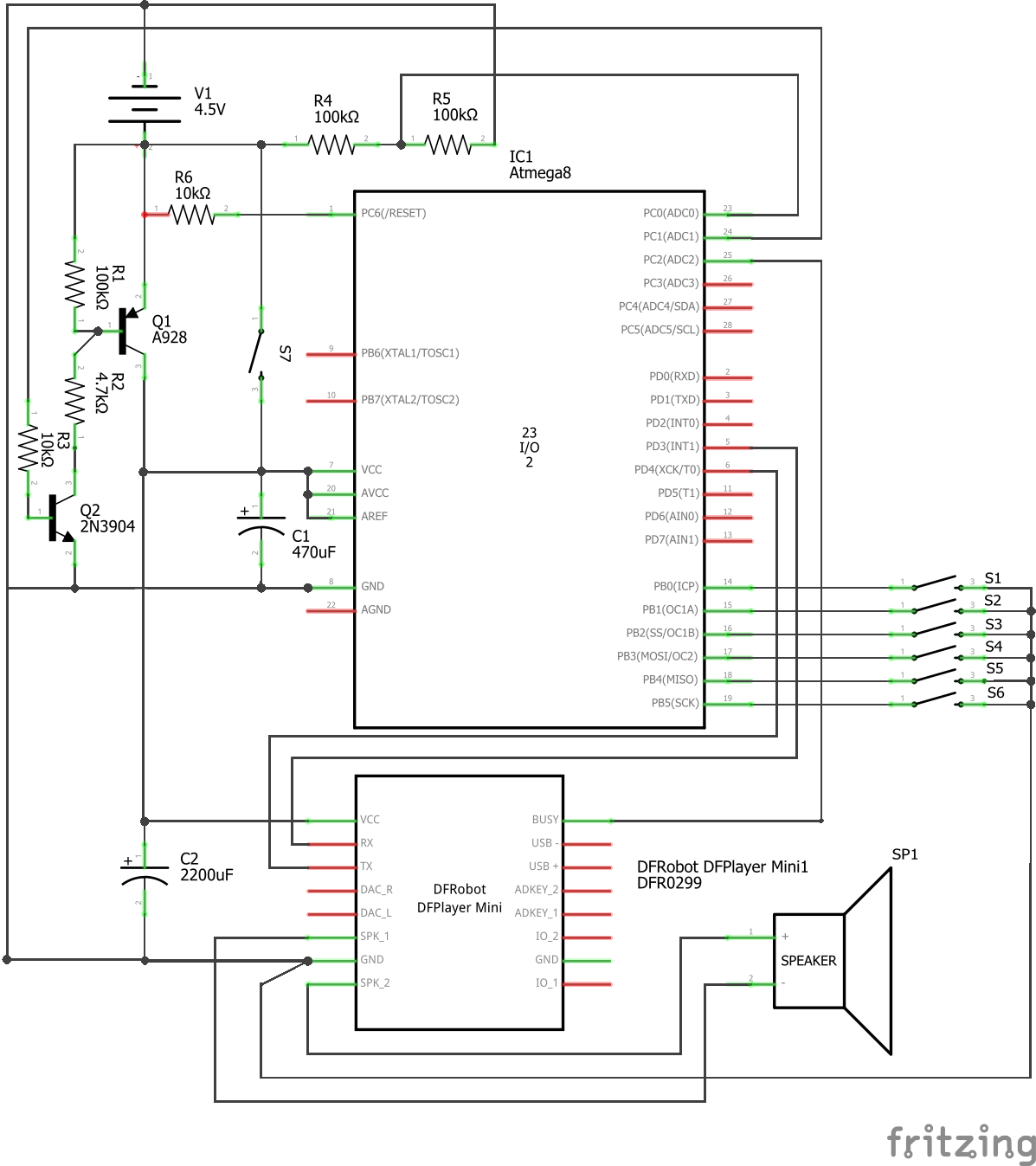 Схемы Fritzing рисует как-то криво, но тут хотя бы модуль плеера есть