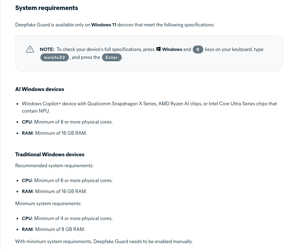 Требования в ПК для работы Deepfake Guard в Windows 11