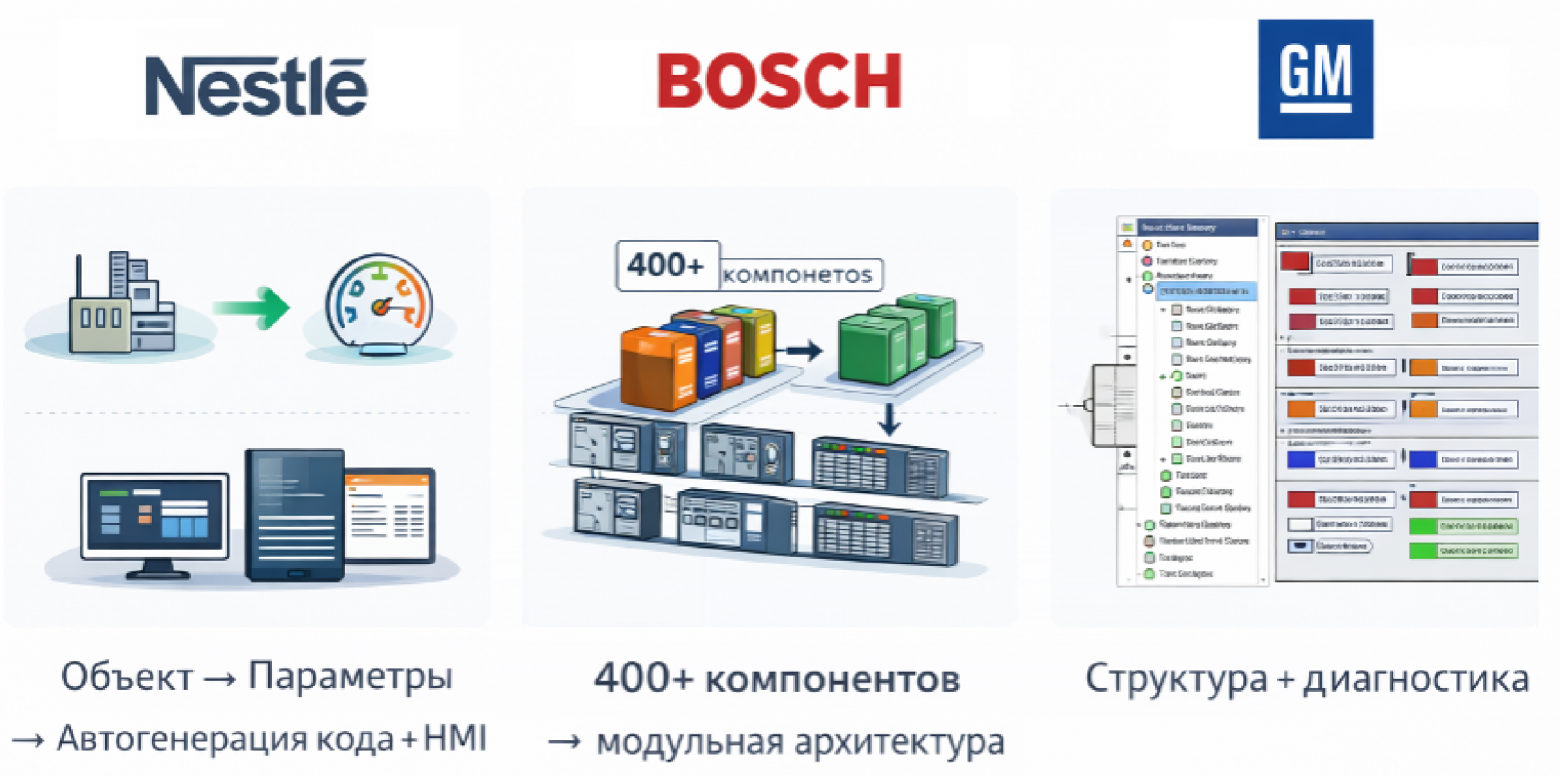 Принцип работы Nestlé NEAT: инженер конфигурирует объект, а не пишет код. Bosch Nexeed Control Plus: модульная архитектура на основе 400+ типовых компонентов. GM Global Common Controls Standard: стандарт как рабочий эталонный проект.