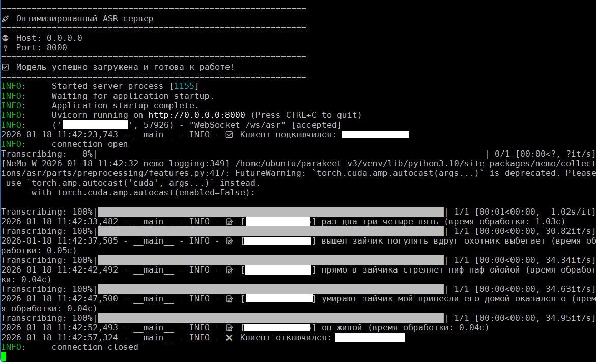 Рис. 13. Работа сервера потокового распознавания на Parakeet