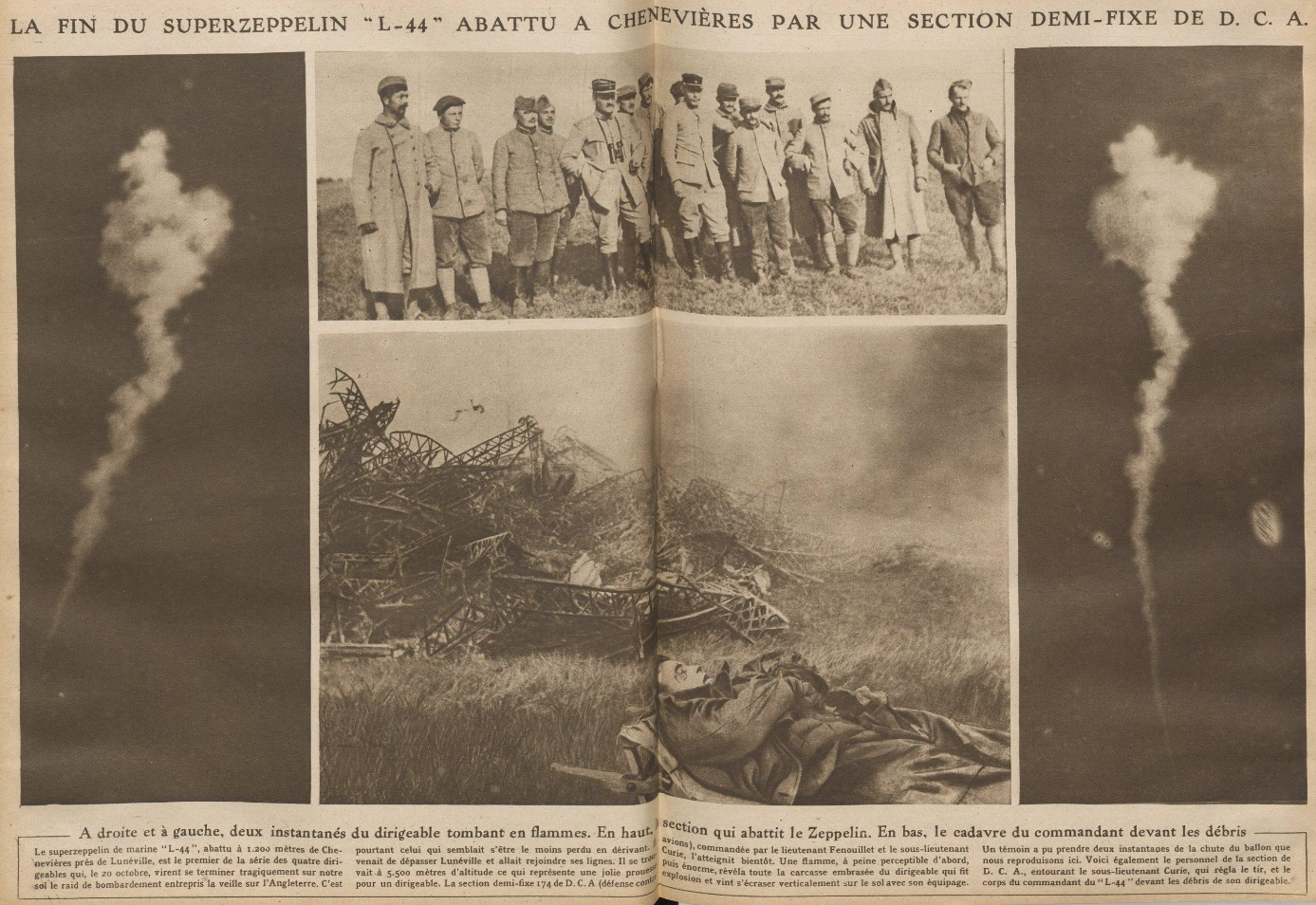 Фотографии из французской газеты: падающий цеппелин L-44, сбившие его зенитчики и обломки с погибшим членом экипажа