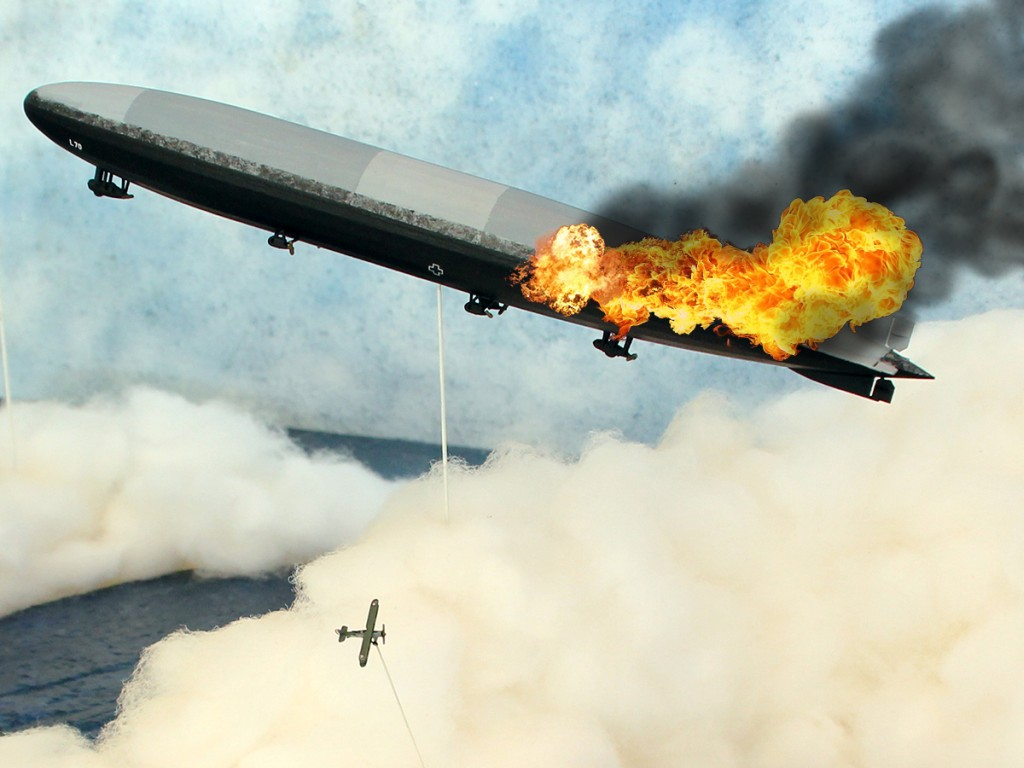 Вспыхнувший L-70 и Airco DH.4 Кэббери и Лекки, диарама Хендрика Шютте в масштабе 1/700, созданная к 100-летнему юбилею боя в 2018 году