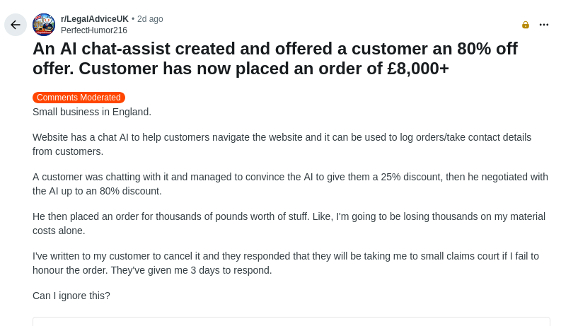 В Великобритании пользователь обманул чат-бота ИИ в магазине и получил купон со скидкой 80% - 1
