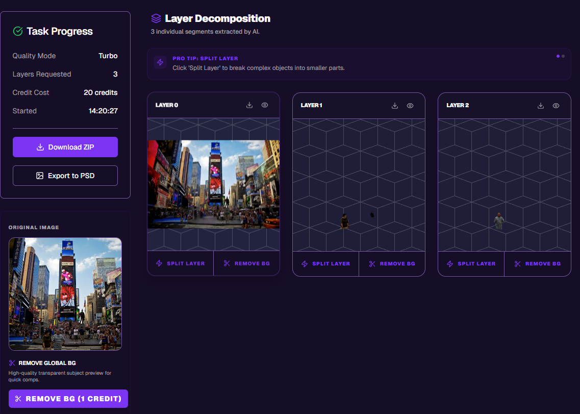 Разбиение фото в интерфейсе imagetolayers.com.