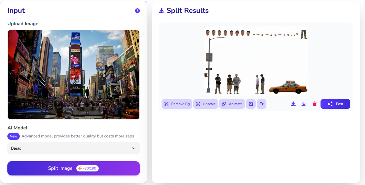 Разбиение фотографии Тайм-сквер в сервисе AI Layer Splitter от KomikoAI.