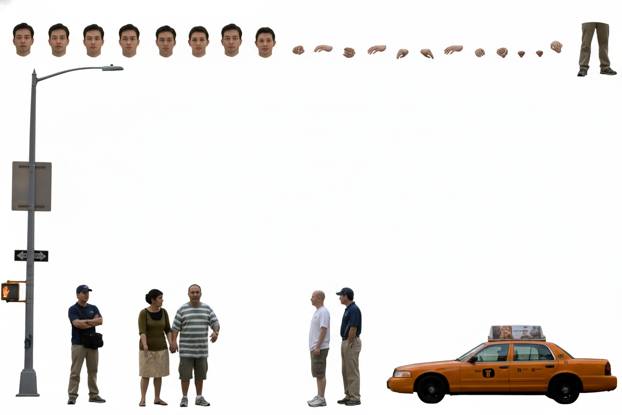 Результат разбиения на слои — автомобиль, фонарный столб, набор прохожих, а также отдельно выделенные лица и кисти рук.