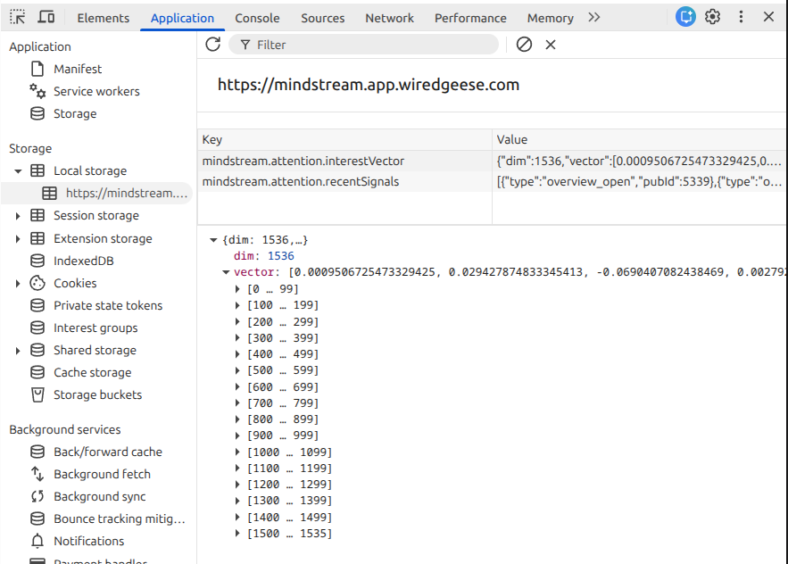Персональный вектор интересов пользователя в локальном хранилище браузера