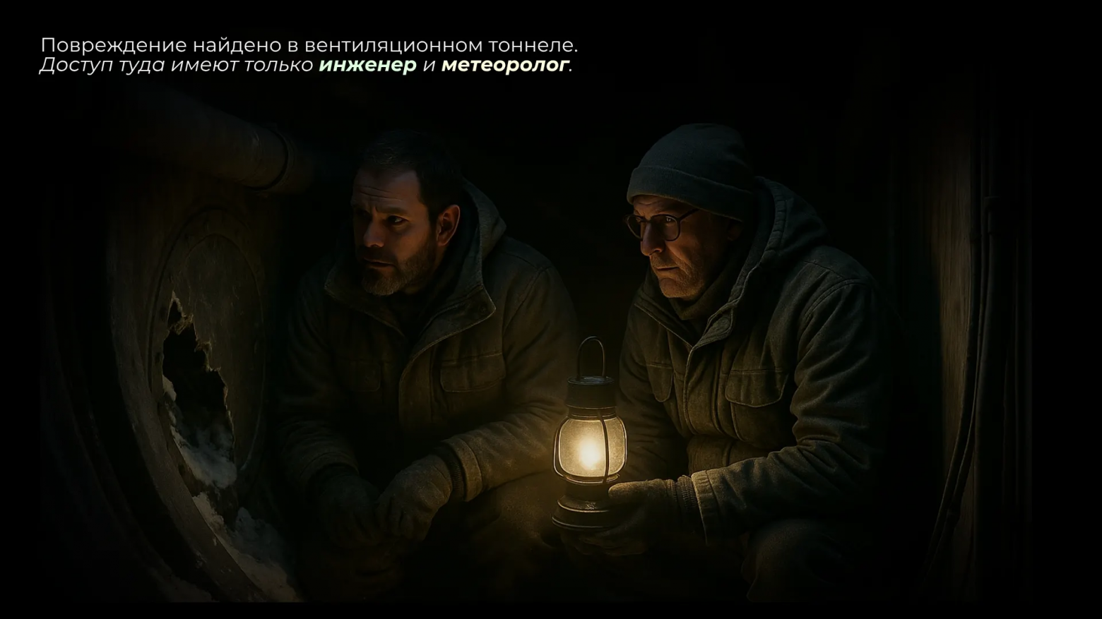 E1: Повреждение найдено в вентиляционном тоннеле, доступ туда имеют только инженер и метеоролог.
