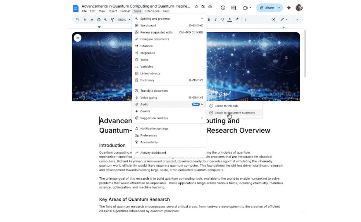 В Google Docs появились аудио-сводки с ИИ - 2