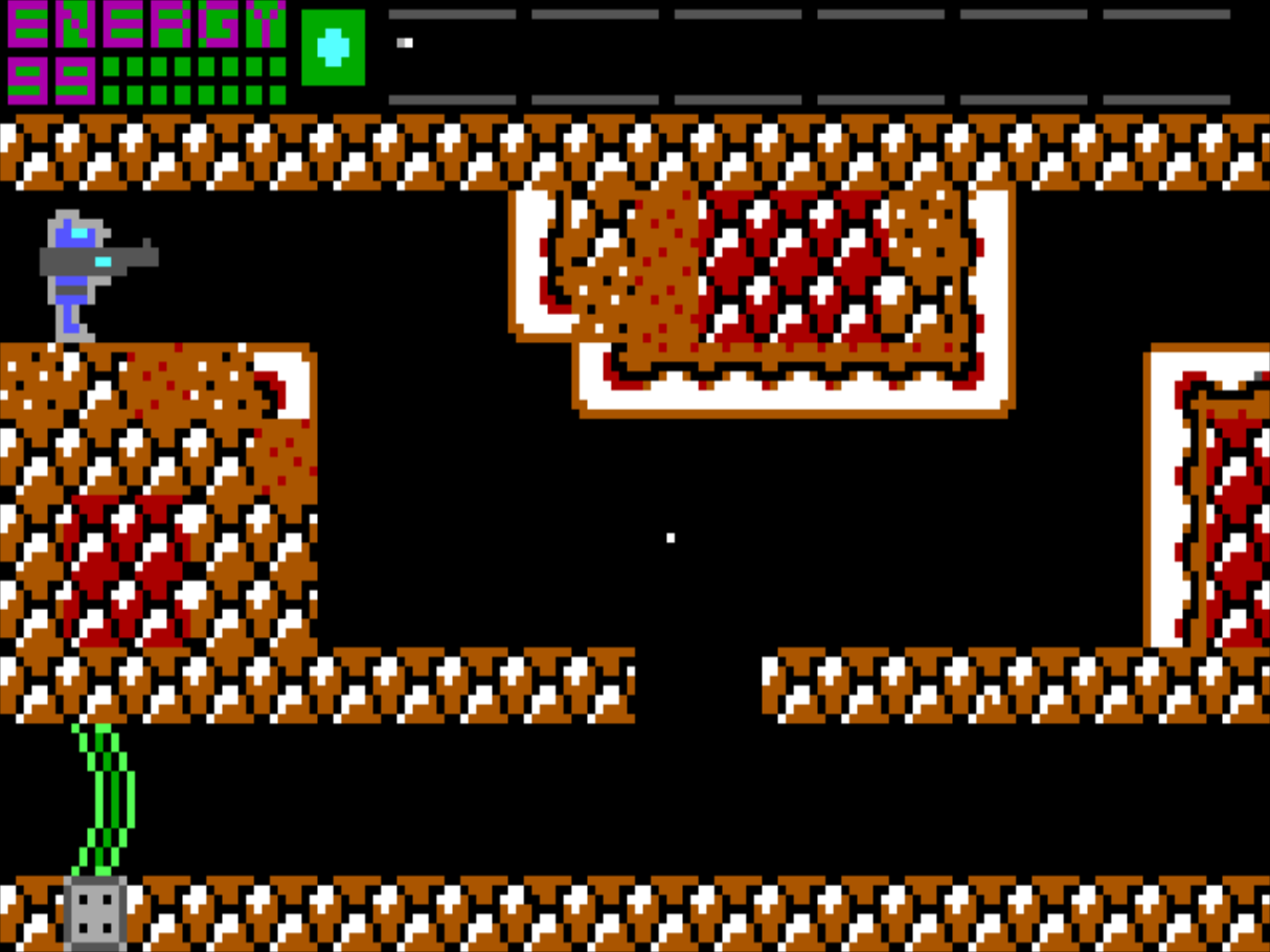 Скриншот-мокап возможной игры (Mars Caves). Спрайты персонажей и объектов 16x16, окружения - 8x8.