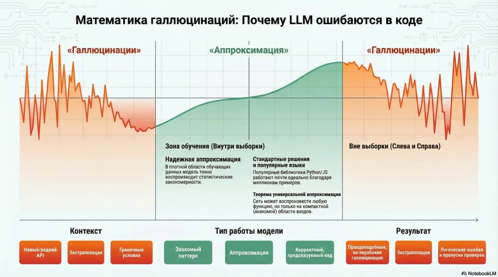 График аппроксимации и экстраполяции: в центре ограниченная область обучающих данных с точной аппроксимацией, слева и справа — области экстраполяции с резким ростом ошибок и галлюцинациями