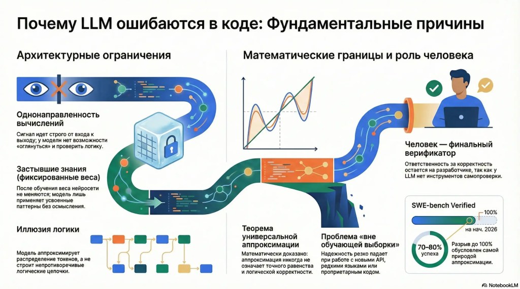 Схема, иллюстрирующая фундаментальные причины ошибок LLM в коде: теорема универсальной аппроксимации, отсутствие обратных связей в архитектуре перцептрона, статистическая природа генерации и необходимость человеческой верификации