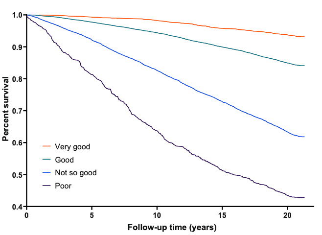 Зависимость доли выживших от самооценки здоровья наблюдаемая в течение 22 лет после опроса. Источник.