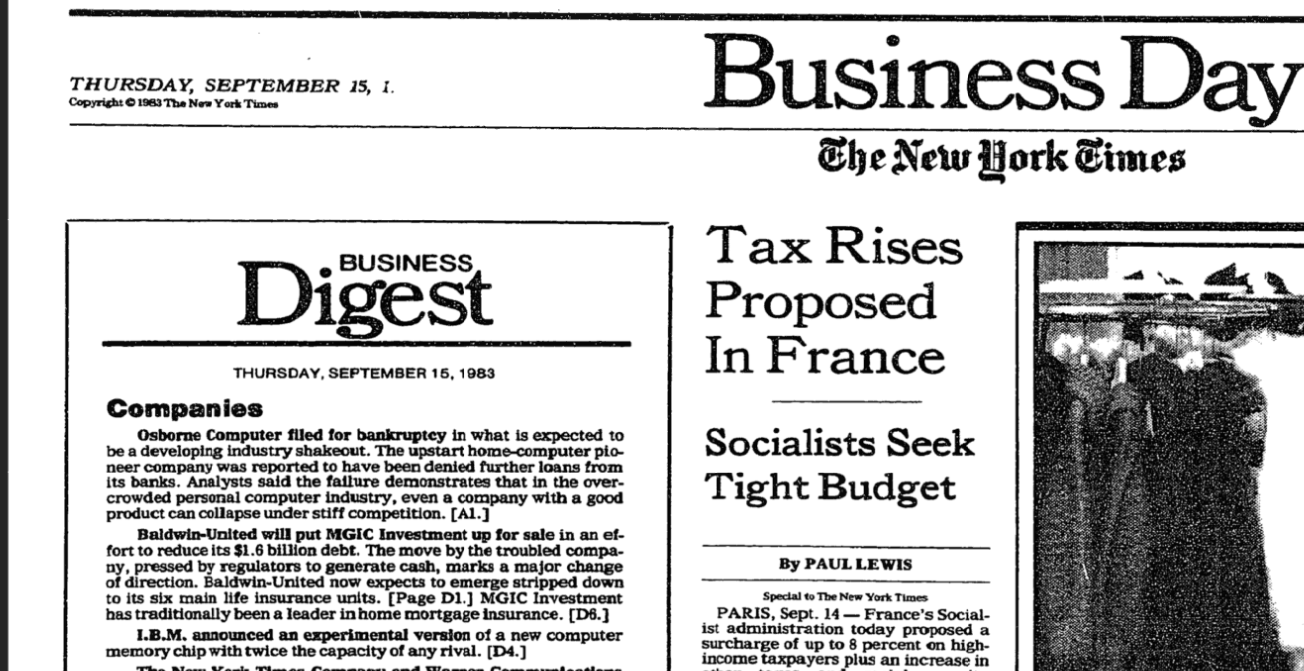 Шок на рынке: 14 сентября компания Osborne Computer Corporation подала заявление на банкротство по 11 статье. Производство начато 22 сентября: заявлено активов на 40 миллионов, долгов на 45 600 кредиторов. По факту, как водится, окажется, что долгов больше, а активы переоценены