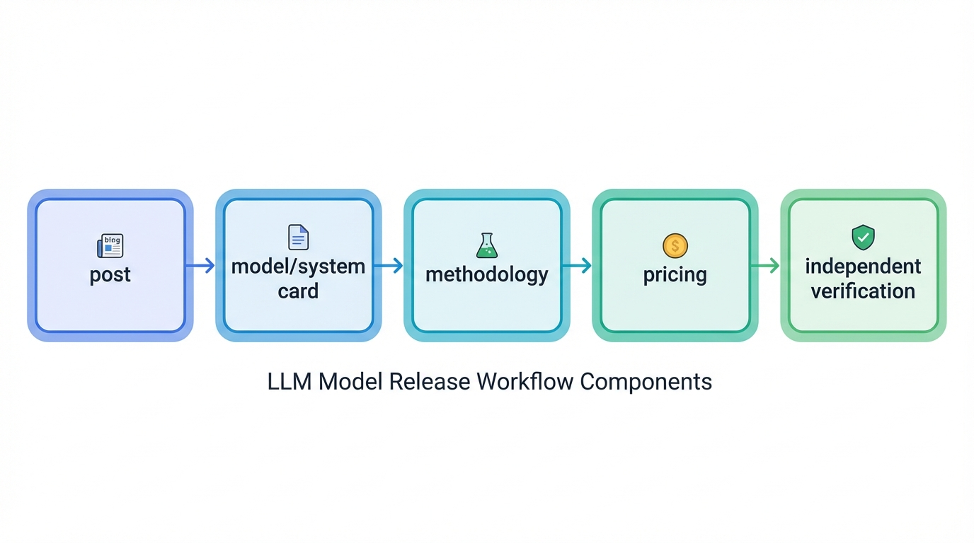 Схема: из чего состоит релиз модели LLM (пост → model/system card → методика → цена → независимые