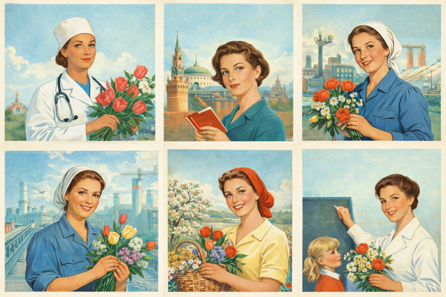 Открытка на 8 марта через ИИ — как сделать картинку в советском стиле со своим фото, промты для нейросети - 14 Открытка на 8 марта через ИИ — как сделать картинку в советском стиле со своим фото, промты для нейросети - 14