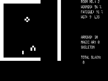 Оригинальная версия Temple of Apshai для TRS-80. Треугольная фигура внизу по центру — это персонаж игрока, маленький прямоугольник слева от него — сокровище, а крест над ним — монстр