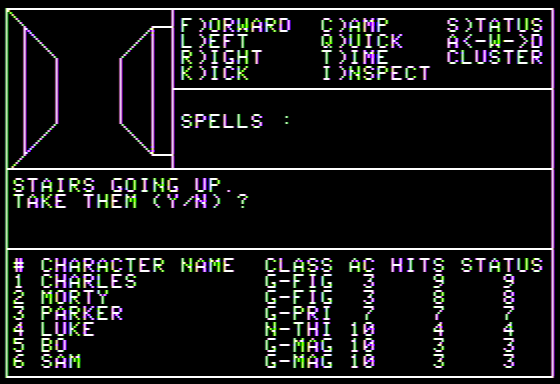 Графика Wizardry для Apple II в высоком разрешении позволяла отображать вид подземелья в панели в левом верхнем углу. Её окружали несколько других панелей пользовательского интерфейса для команд, заклинаний, текстовой консоли и информации о персонажах. (https://datadrivengamer.blogspot.com/2019/08/game-85-wizardry-proving-grounds-of-mad.html)