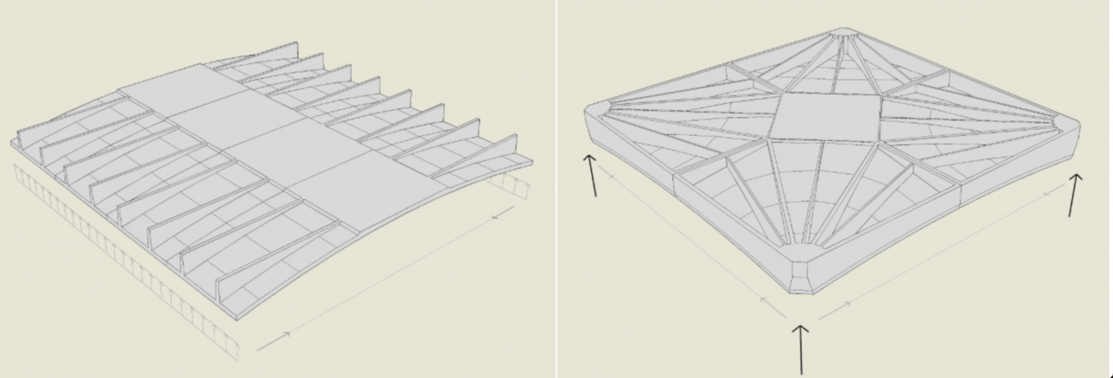 Например, вместо стандартных плит перекрытия применяются модульные конструкции сводчатой формы. За счет распределения нагрузки, достигается та же прочность, но при значительно меньшей массе