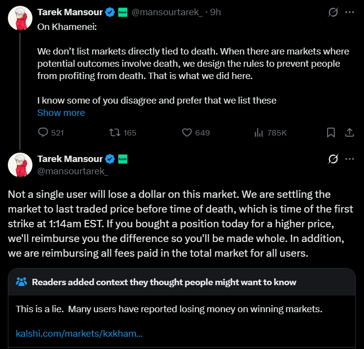 Короче, в реплаях к заявлениям представителей Kalshi люди там уже собираются подавать коллективный судебный иск