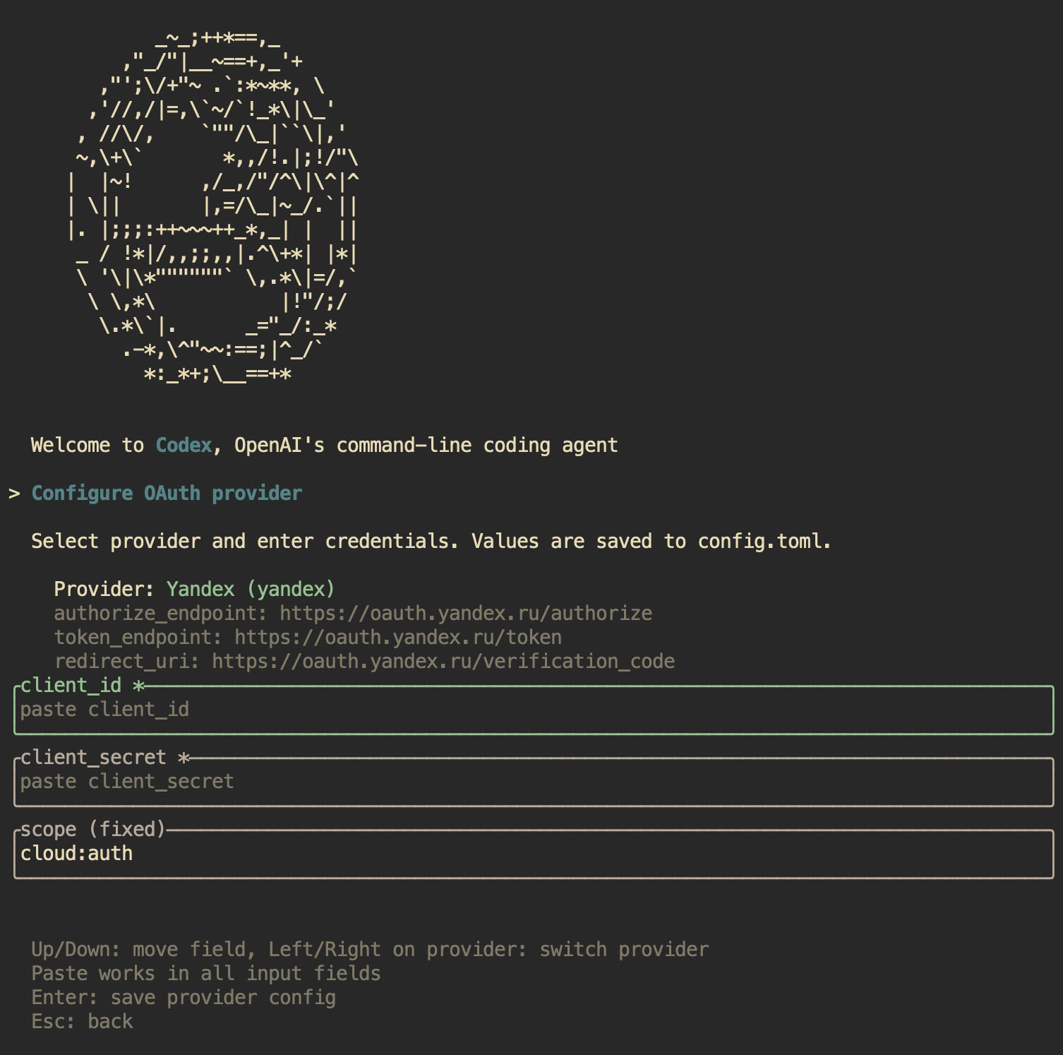 Конфигурация Yandex OAuth провайдера