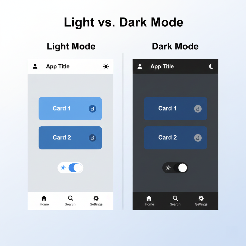 На двух скриншотах показан один и тот же экран в «светлом режиме» и «темном режиме», демонстрирующих инвертирование цветов в зависимости от выбранной темы.