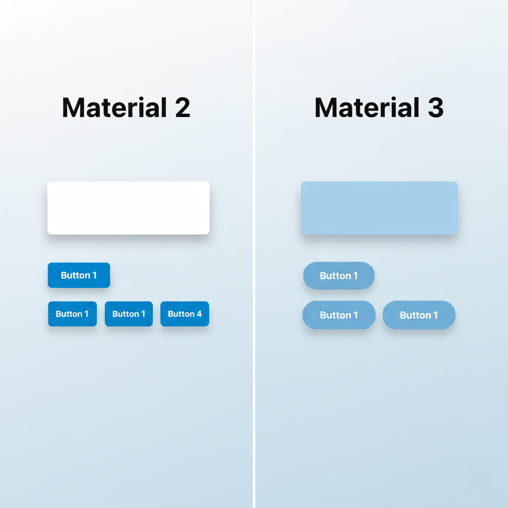 Сравнительное изображение. Левая сторона: «Материал 2», демонстрирующий четкую, затененную панель AppBar и прямоугольные кнопки. Правая сторона: «Материал 3», демонстрирующий плоскую, тонированную панель AppBar и кнопки в форме таблеток.