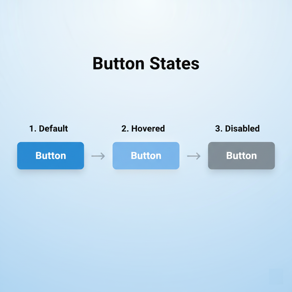 Иллюстрация одной кнопки, показанной тремя разными способами: 1. По умолчанию (синий), 2. При наведении курсора (светло-синий), 3. Отключено (серый). Стрелки указывают от состояний к визуальному оформлению кнопки.