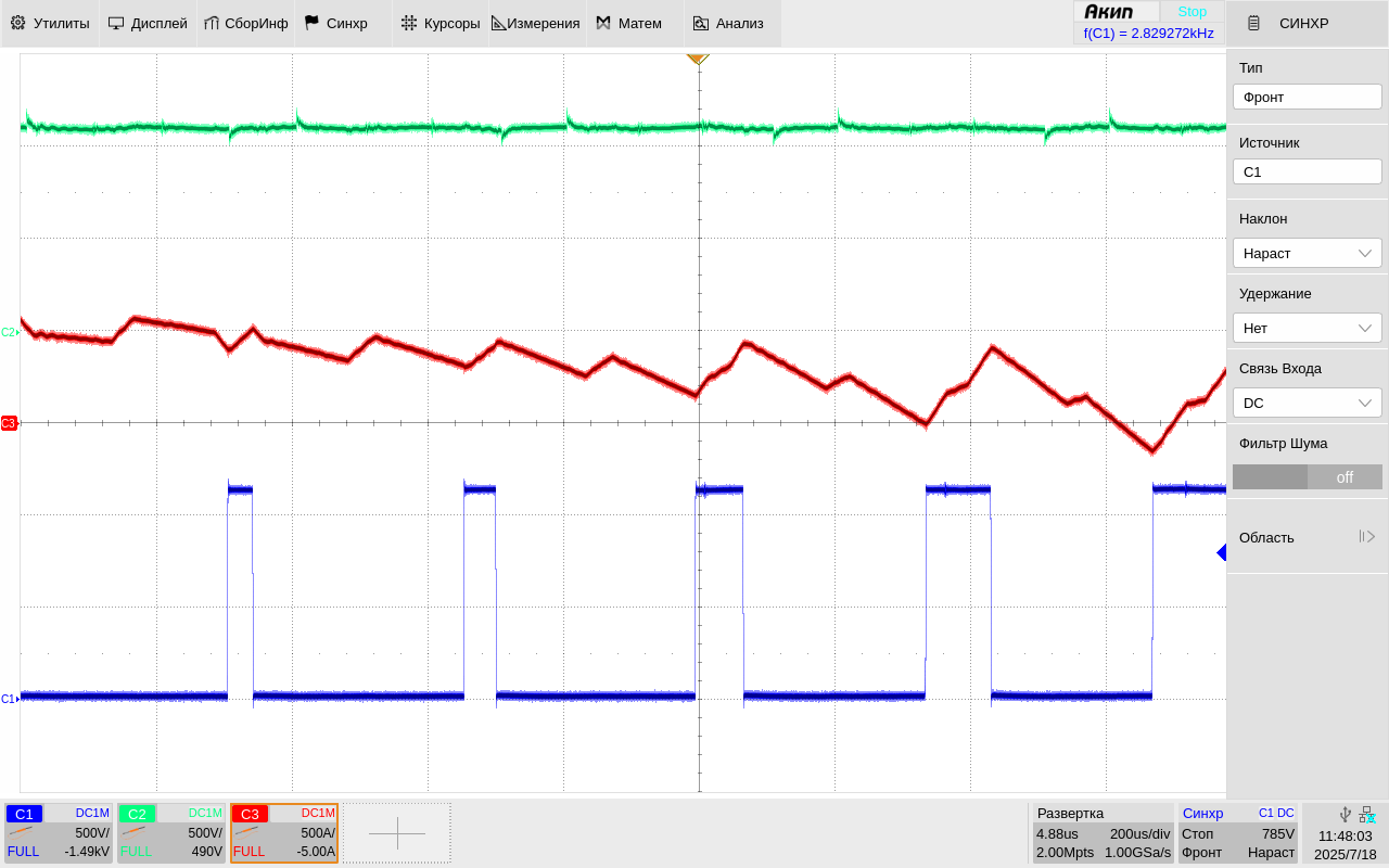 Рис. 7. Напряжение КЭ, напряжение ЗПТ и фазный ток АВН