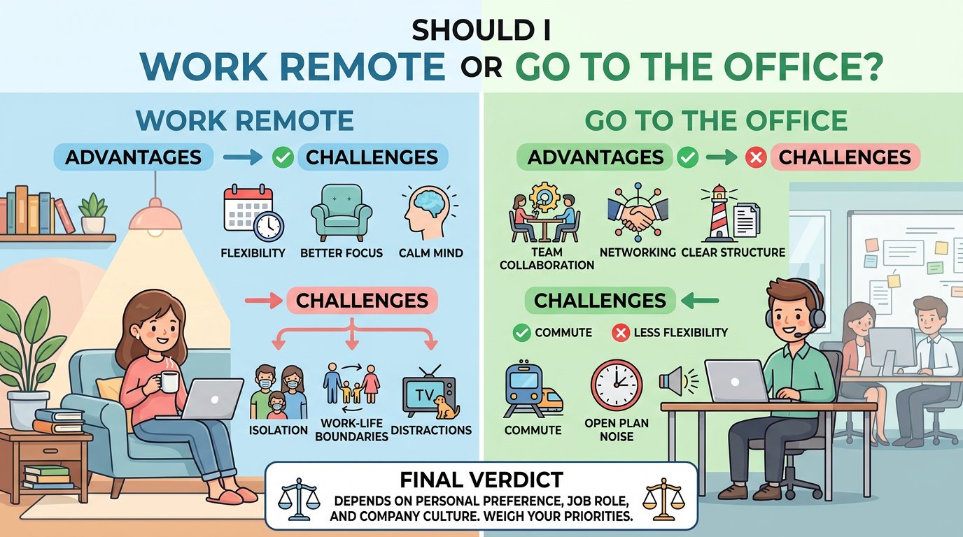 Промпт: Опрятная инфографика на разделенном экране с заголовком “Work remote or go to the office?”. Слева – уютное домашнее рабочее место с иконками гибкости и комфорта. Справа – офисный стол с иконками командной работы и нетворкинга. Четкие заголовки, небольшие иллюстрации персонажей, стрелки к плюсам и минусам, блок с итогом внизу. Структурированная и визуально сбалансированная верстка.