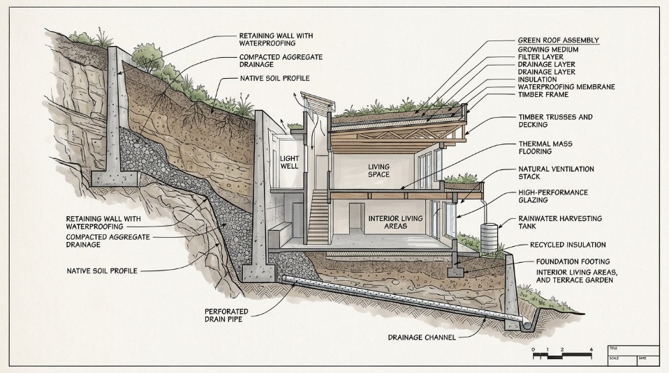 Промпт: Детальный архитектурный чертеж (разрез) экологичного дома, встроенного в склон холма. Покажите подпорные стены, слои почвы, дренажную систему, устройство кровли с озеленением и жилые помещения. Использовать четкие линии в стиле чертежей с легким затенением и подписями элементов. Сохраните реалистичные инженерные пропорции.